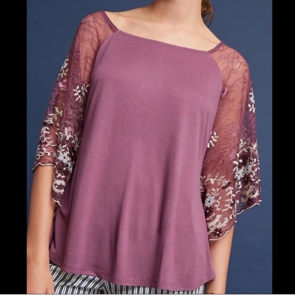 Anthropologie Sz M Embroidered Lace Sleeve Blouse by Akemi + Kin EUC pink purple - Picture 1 of 5